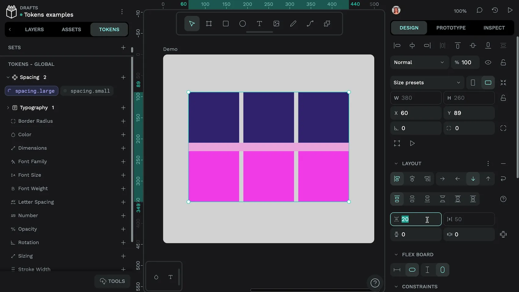The spacing-dot-large token is selected in the tokens panel, and the value of 20 is visible in the row gap property in the design panel.