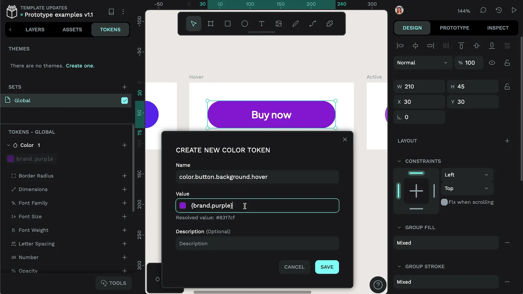 The same color-dot-button-dot-background-dot-hover token with the value of { brand-dot-purple }. It resolves to #8317cf, the purple color.
