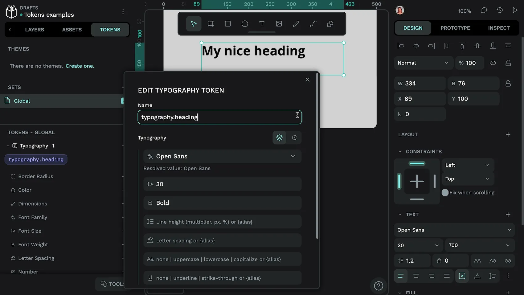 A typography-dot-heading design token in Penpot. It has an Open Sans font family, 30 font size and Bold font weight. The line height, letter spacing, text decoration, and capitalization properties are all empty.