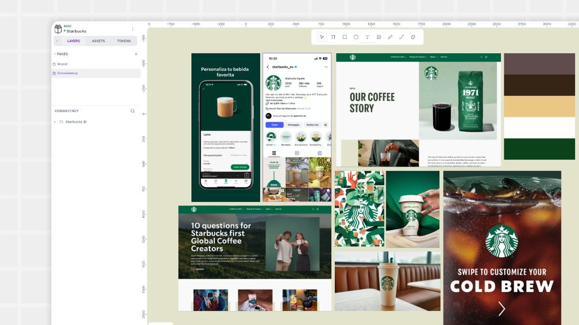 Different deliverables and assets of Starbucks brand in a Penpot board to show design consistency across platforms