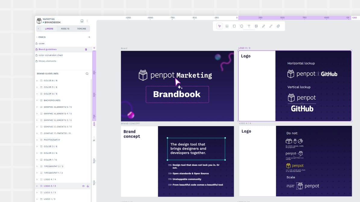 Penpot brand guidelines presentation in Penpot board
