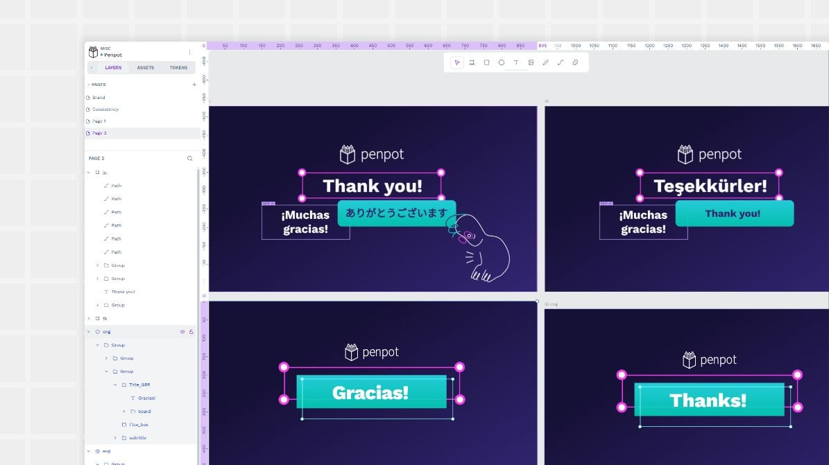 Slide from Penpot Slides library where the template for the closing slide is designed and translated in different languages