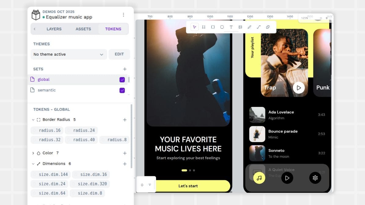 Penpot board with focus on design token and the design of two screens for a Music app