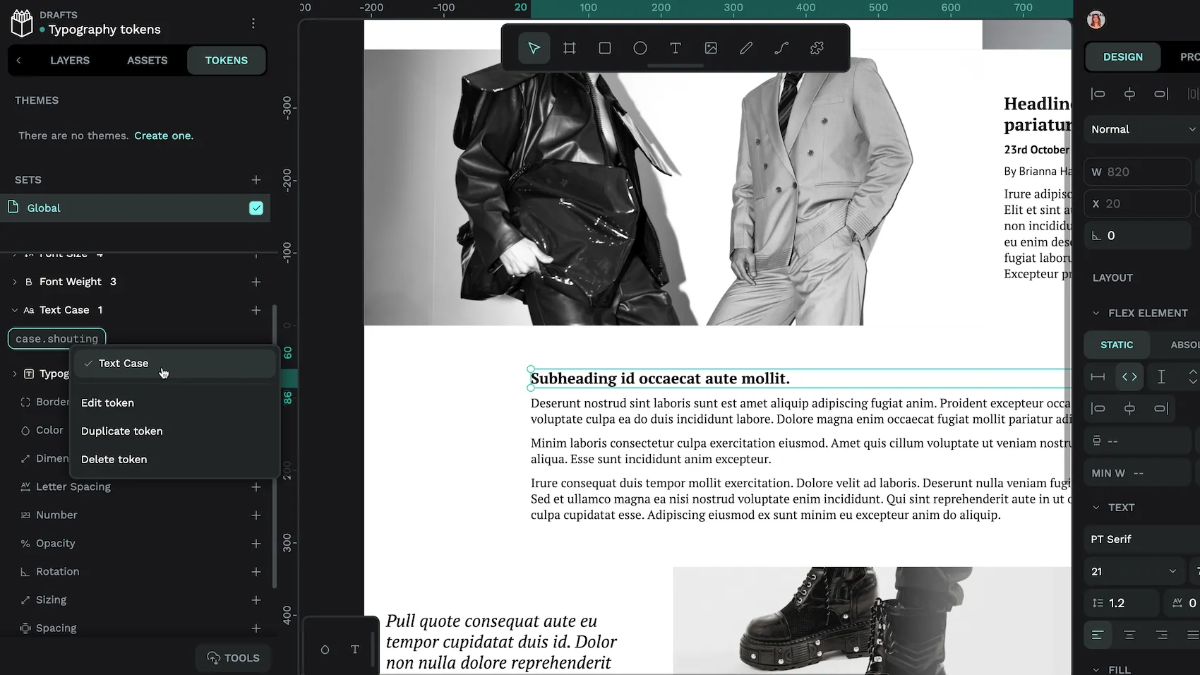 Right clicking the case-dot-shouting token to apply it to the text-case property of the current selected text object.