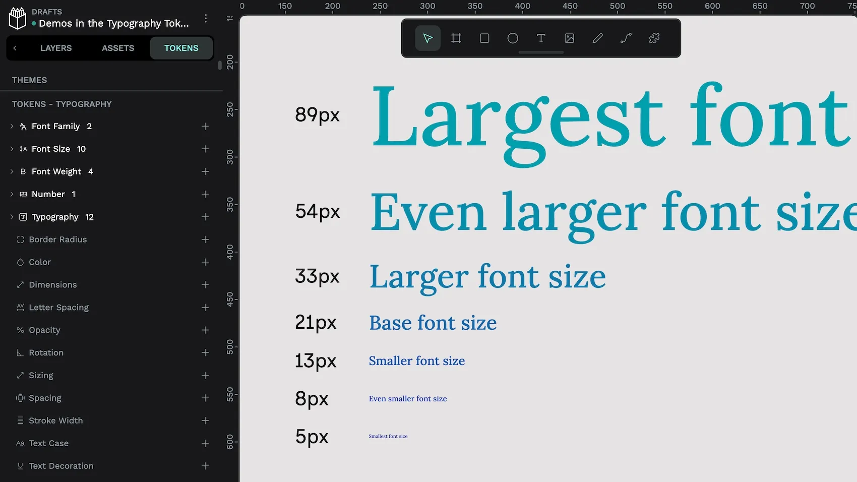 The base font size is 21px, the smaller font size is 13px, the even smaller font size is 8px, and the smallest font size is 5px. The larger font size is 33px, the even larger font size is 54px, and the largest font size is 89px.