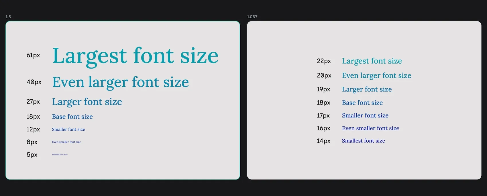 The one point five scale has a smallest font size of 5px and a largest font size of 61px. The 1.067 scale has a smallest font size of 14px and a largest font size of 22px.