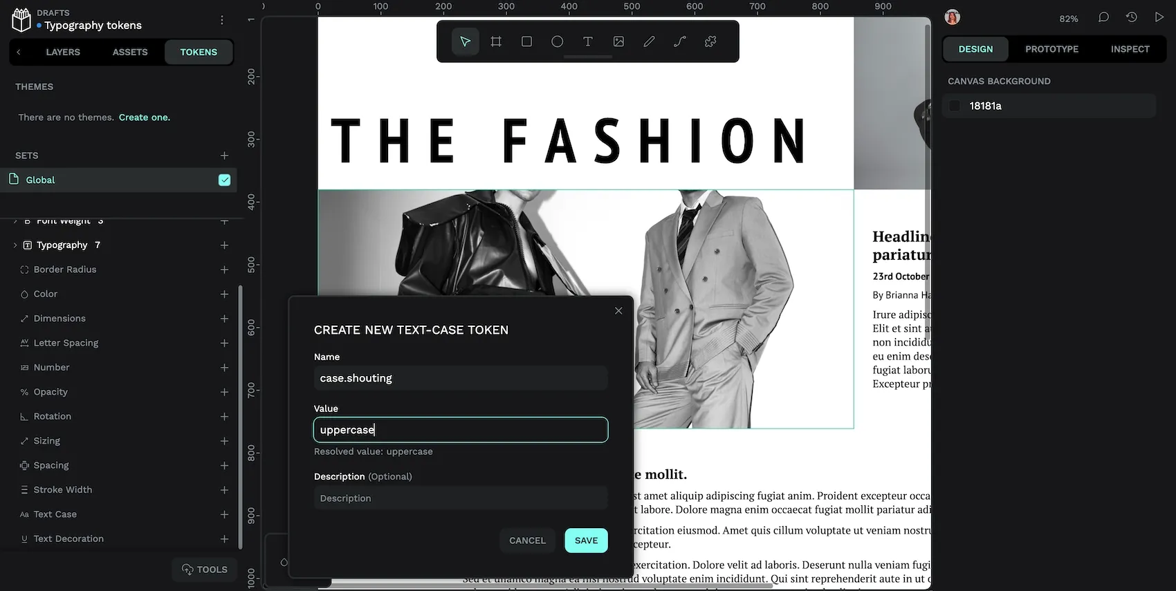 A new text-case token with a name of case-dot-shouting and a value of uppercase.