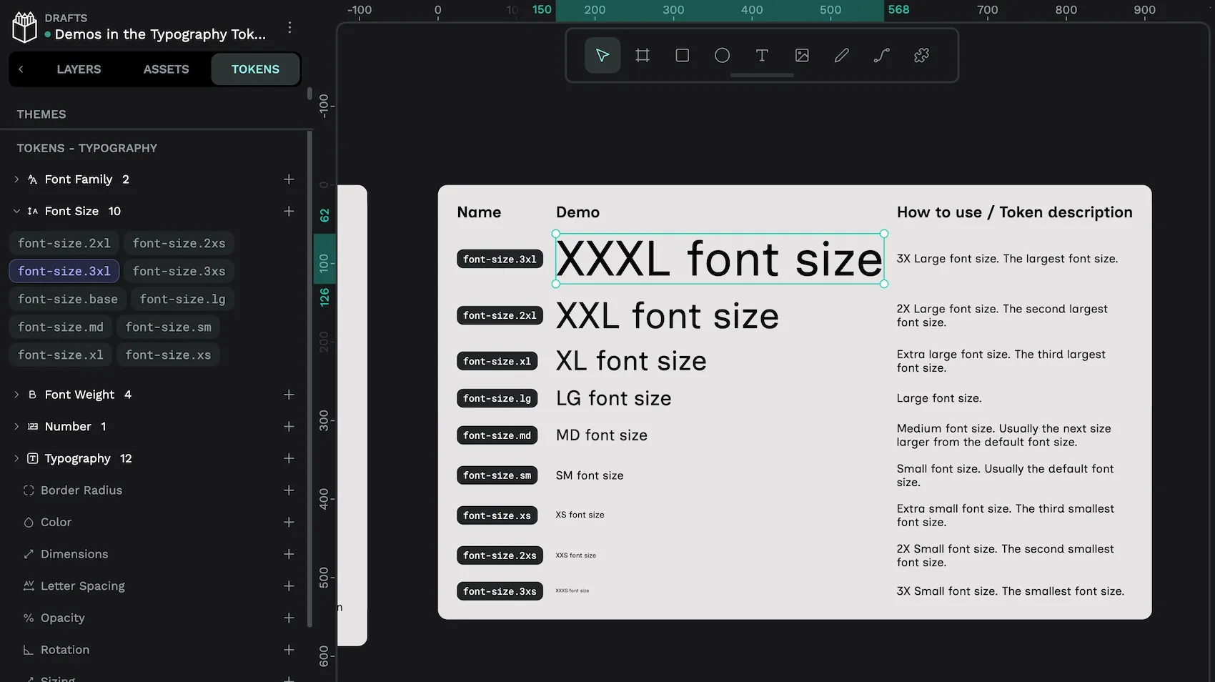 The font size tokens are in Penpot’s tokens panel. The selected font-dash-size-dot-3-XL token is highlighted in purple as it is applied to the text object selected on the canvas.