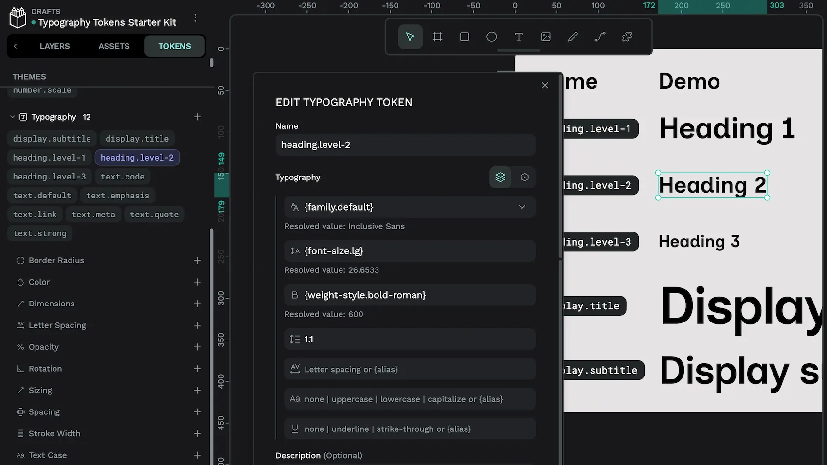 The typography token has fields for name, font family, font size, font weight, line height, letter spacing, capitalization and text decoration.