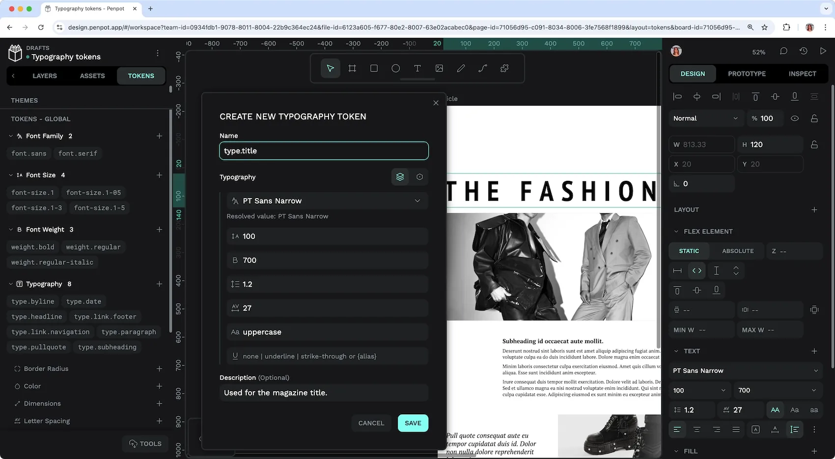 The type-dot-title typography token has a font family of PT sans narrow, a font size of 100, a weight of 700, a line height of 1.2, letter spacing of 27 and a text case of uppercase. The description for the typography token says used for the magazine title.