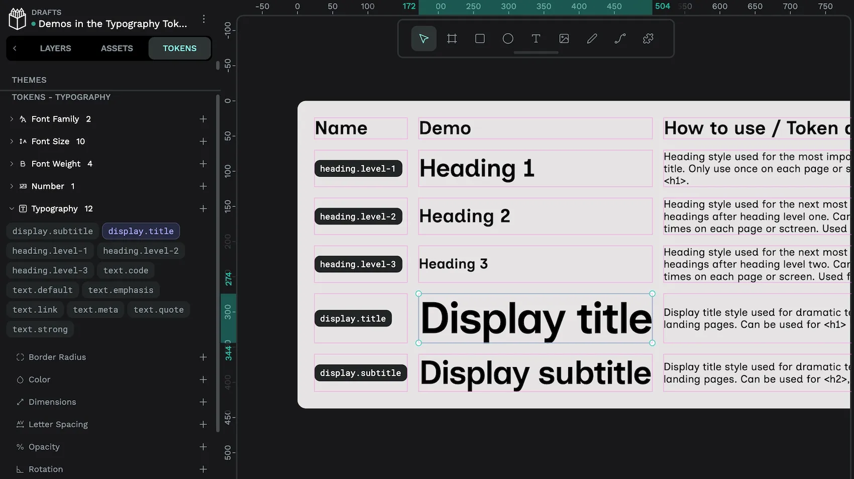 Typography tokens for heading-dot-level-dash-one, heading-dot-level-dash-two, heading-dot-level-dash-three as well as display-dot-title and display-dot-subtitle.
