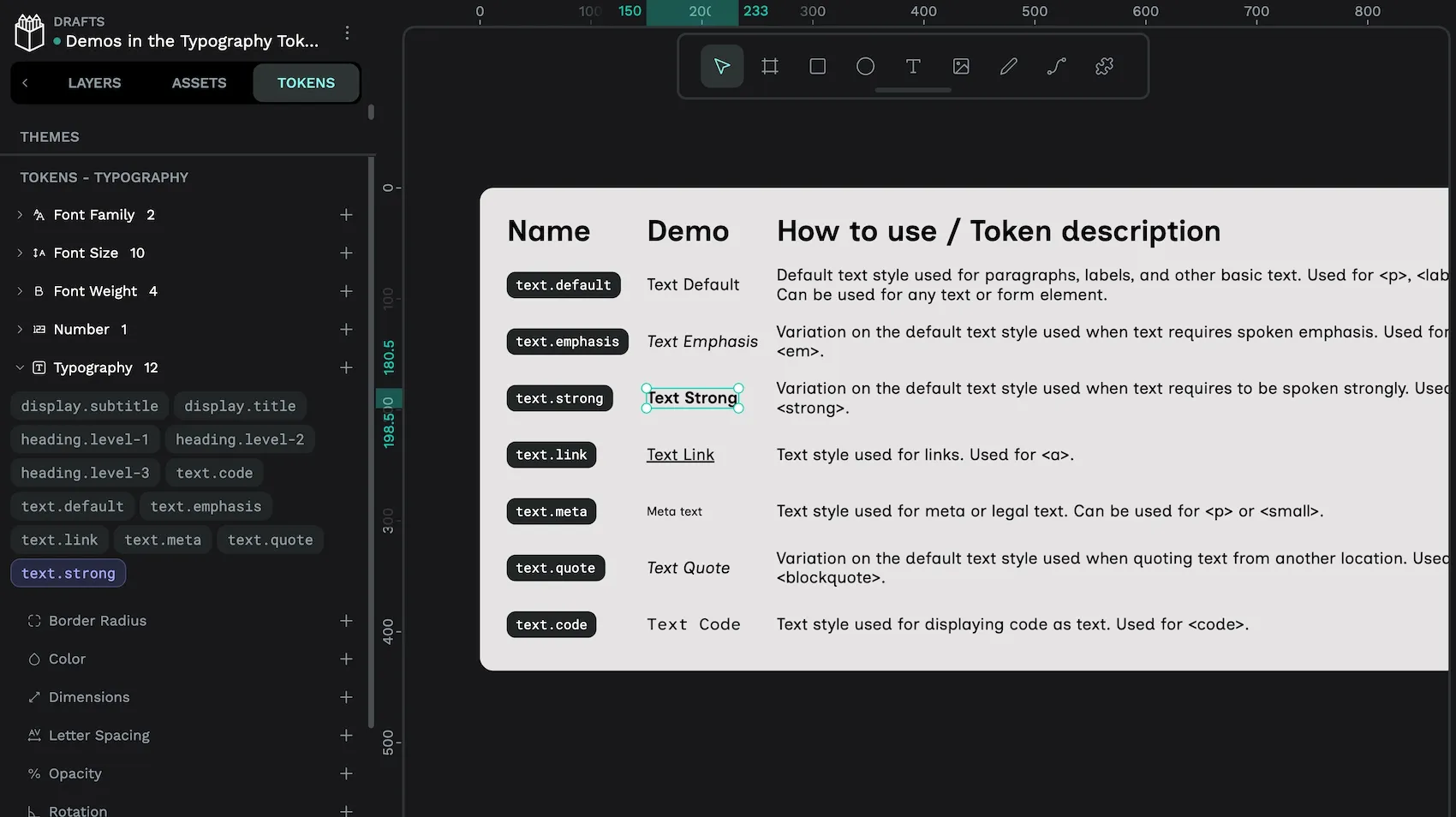 Typography tokens including text-dot-default, text-dot-emphasis, text-dot-strong, text-dot-link, text-dot-meta, text-dot-quote and text-dot-code.
