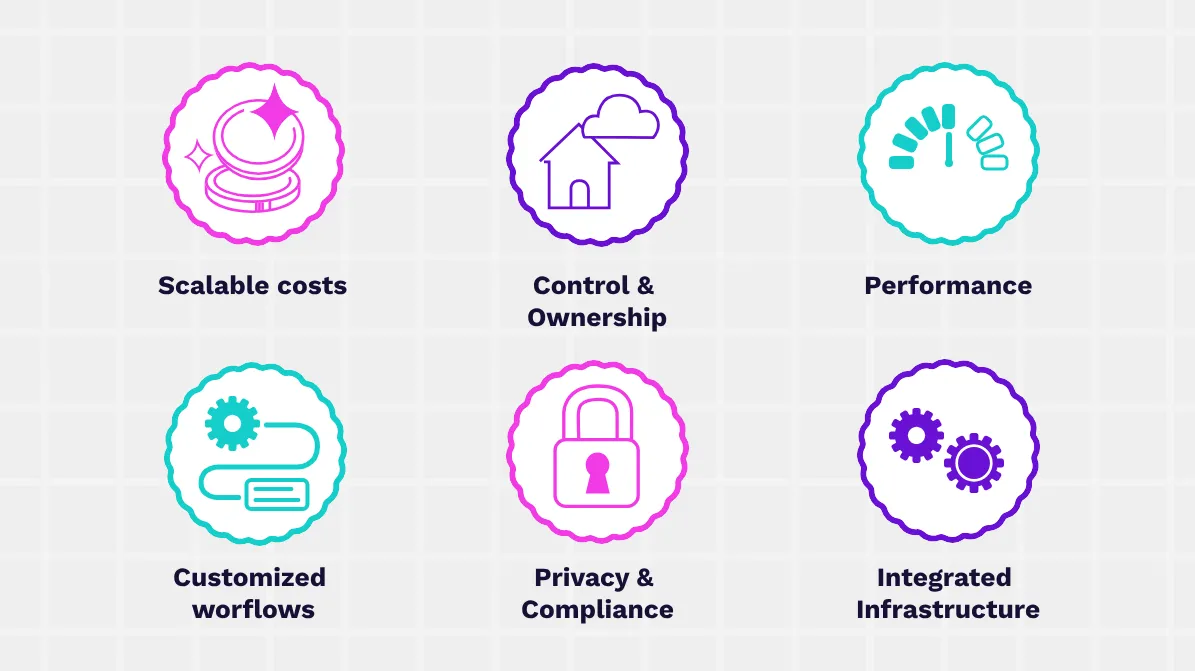 A series of icons divided in two rows representing the 6 benefits of self hosting