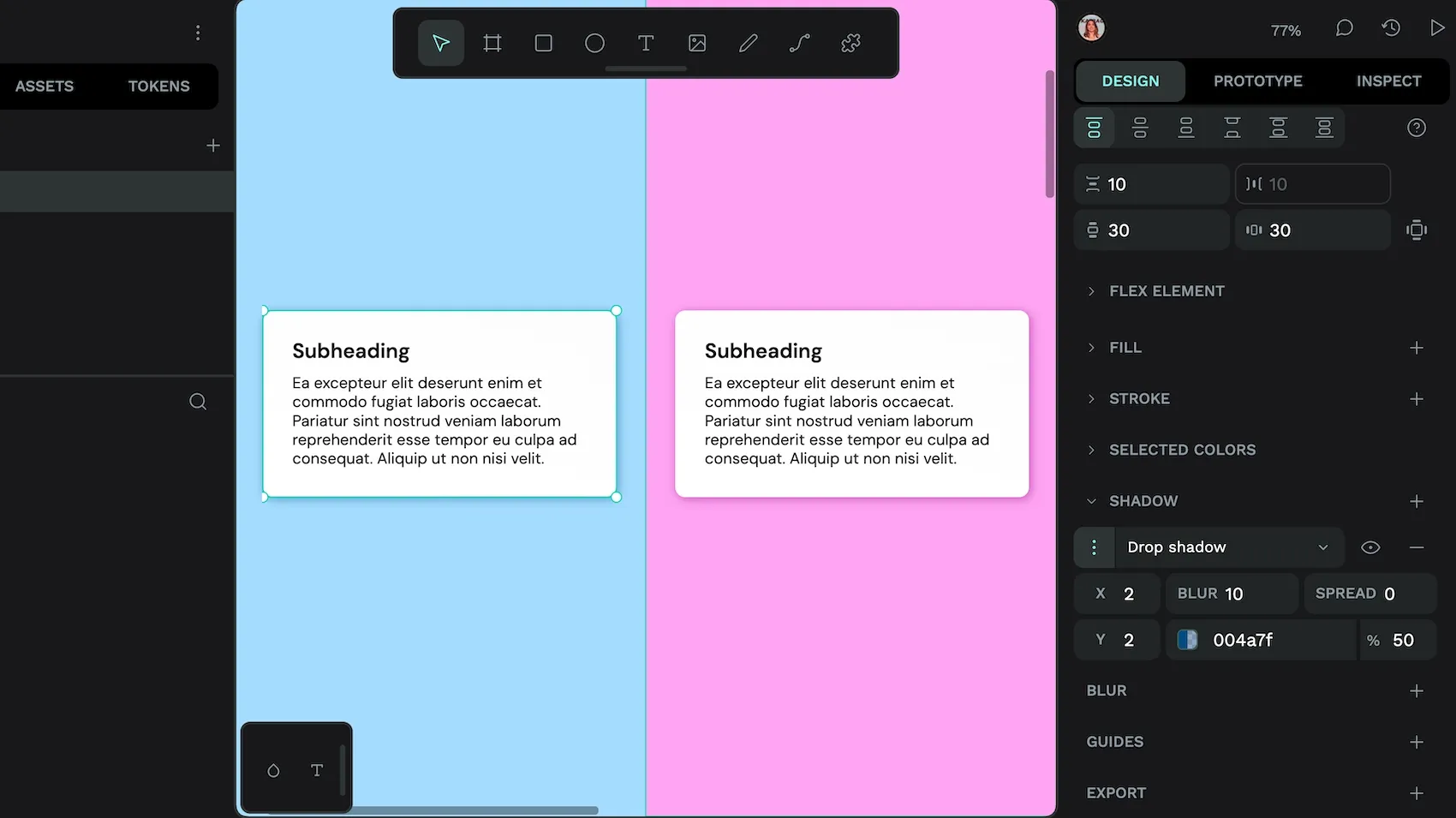 The same white box with a drop shadow on two different colour backgrounds. On a blue background the shadow is blue and on a pink background the shadow is pink.
