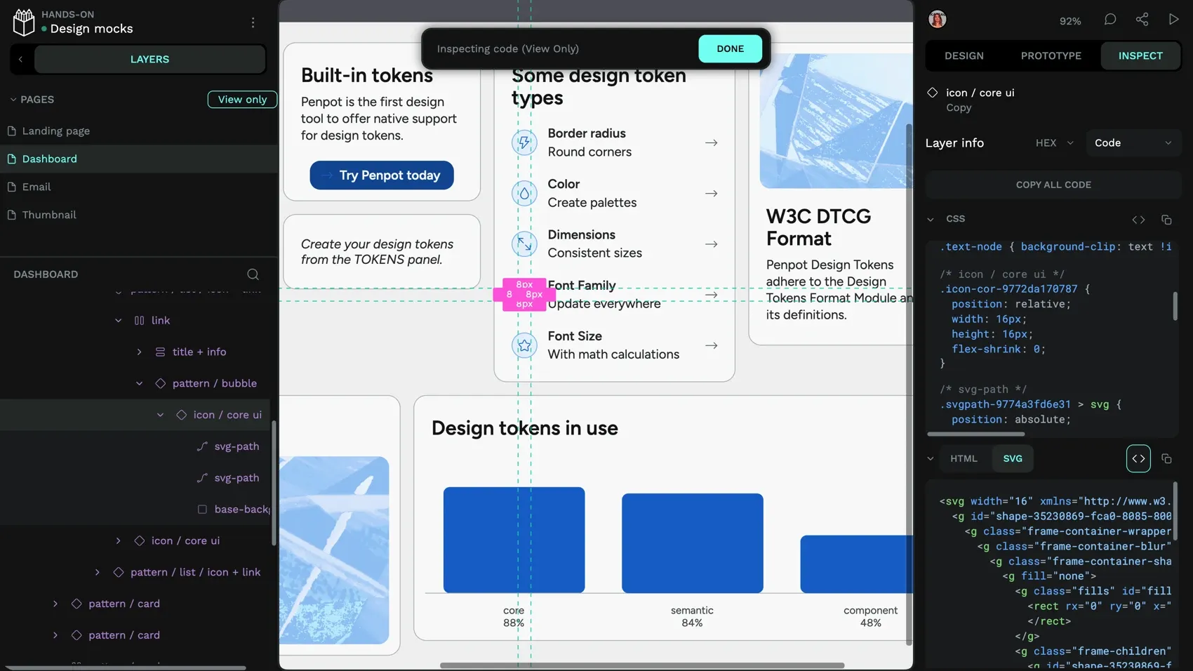 Inspecting an icon in Penpot shows the relevant CSS for the icon layout as well as copy-pastable SVG code.