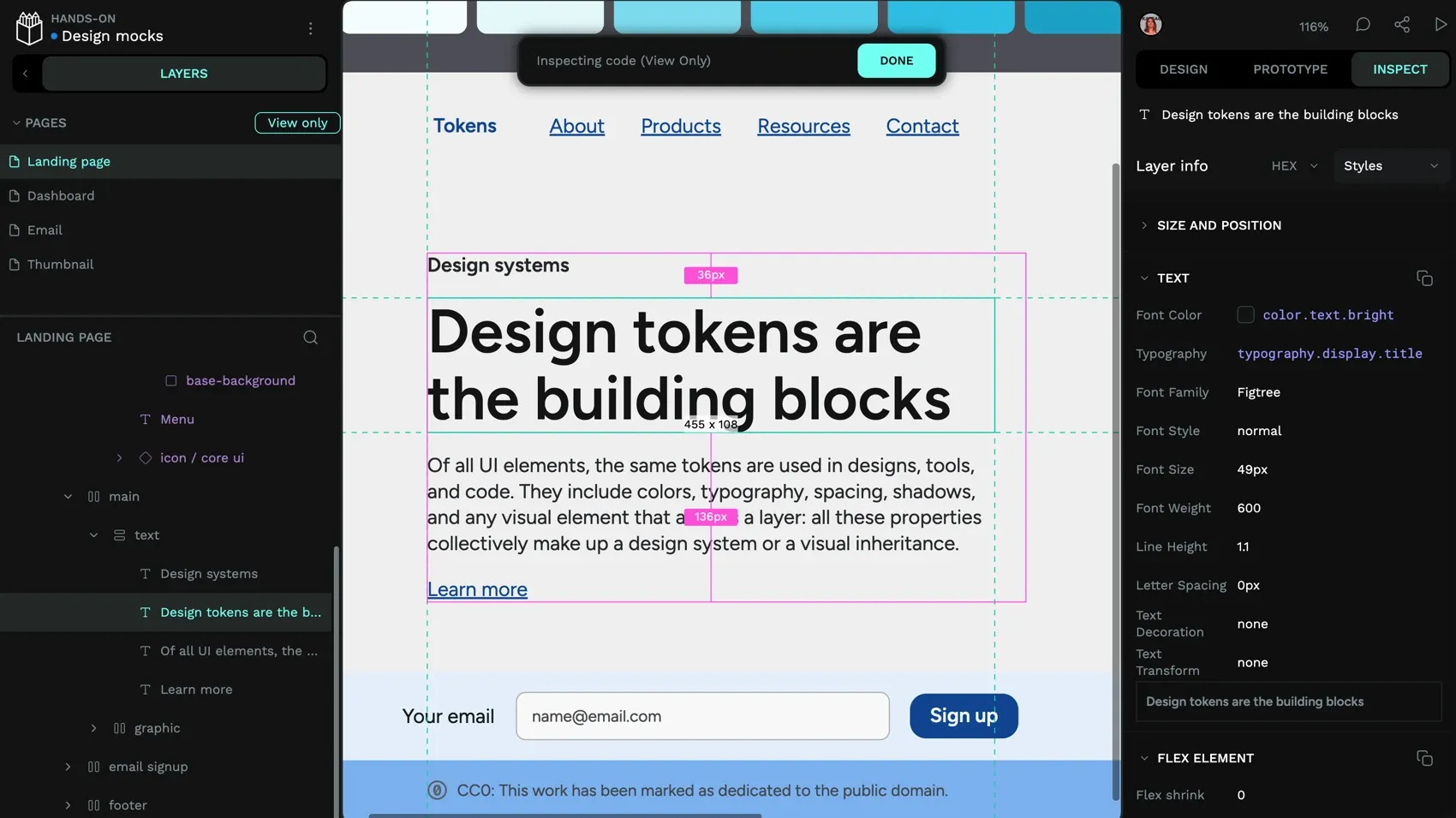 Inspecting display text in a design mockup. The Inspect panel shows size and position information collapsed, and text information including design tokens for the color and typography. The flex element information is also visible.
