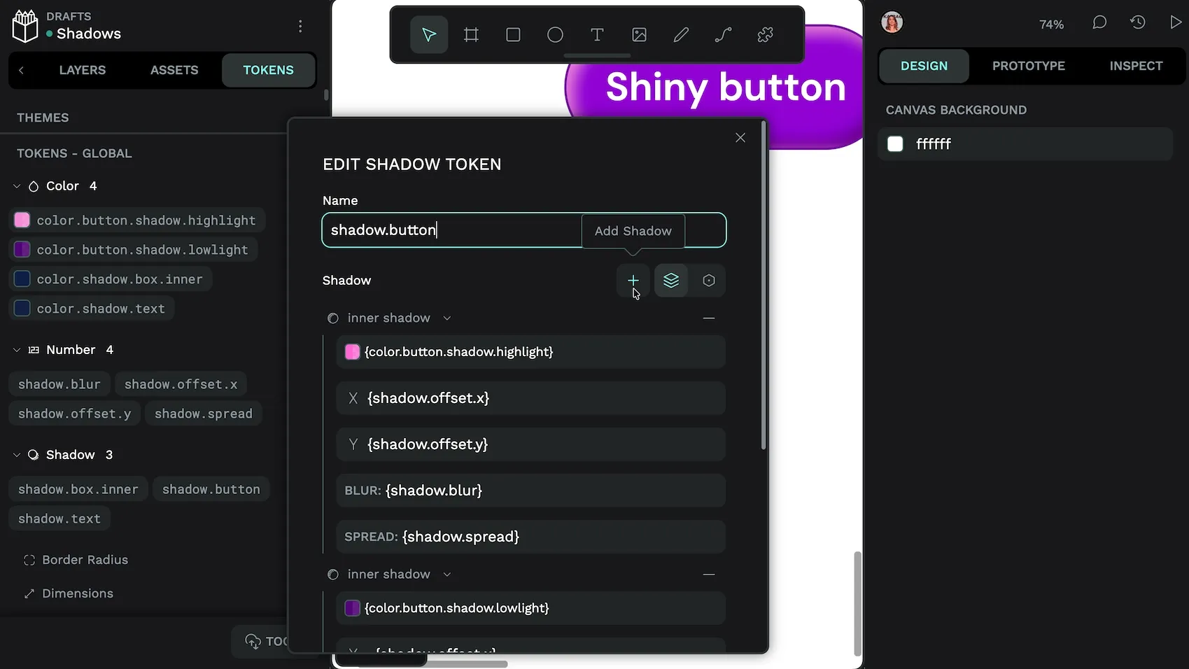 The Add Shadow button is available when creating or editing a shadow token.
