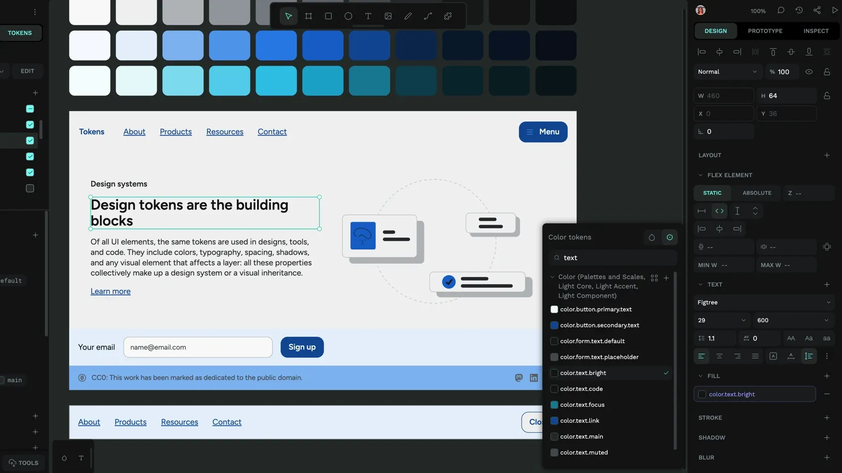 Searching the color tokens for the keyword text brings up tokens including color-dot-button-dot-primary-dot-text and color-dot-text-dot-bright.