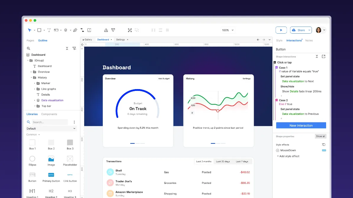 The image shows the standard Axure Ui with a dashboard app screen