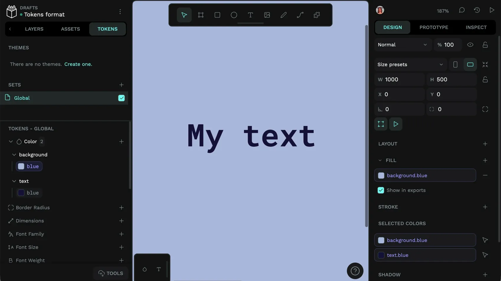 The Global tokens set contains a background group which contains a light blue color blue token, and a text group which contains a dark blue color blue token. In the Design panel, the fill color is background-dot-blue.
