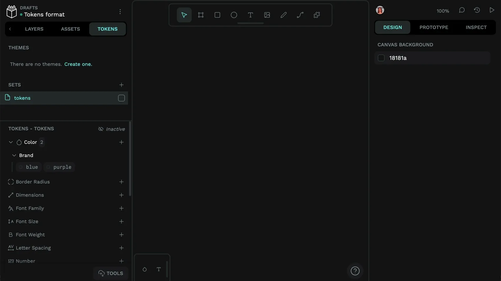 In the Tokens panel, the tokens set contains a group called Brand which contains a blue and purple.