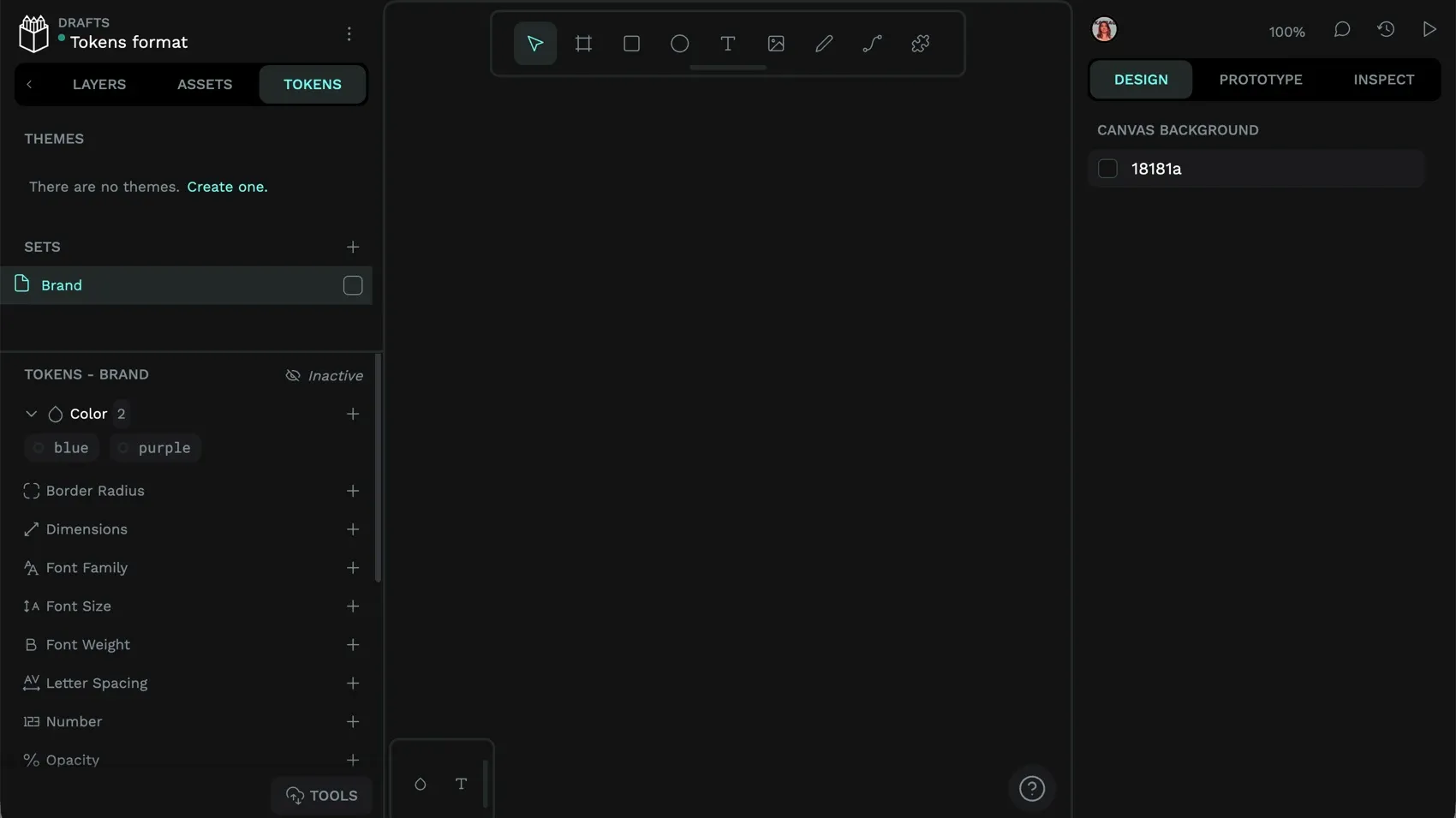 In the Tokens panel, the Brand tokens set contains a blue and purple.