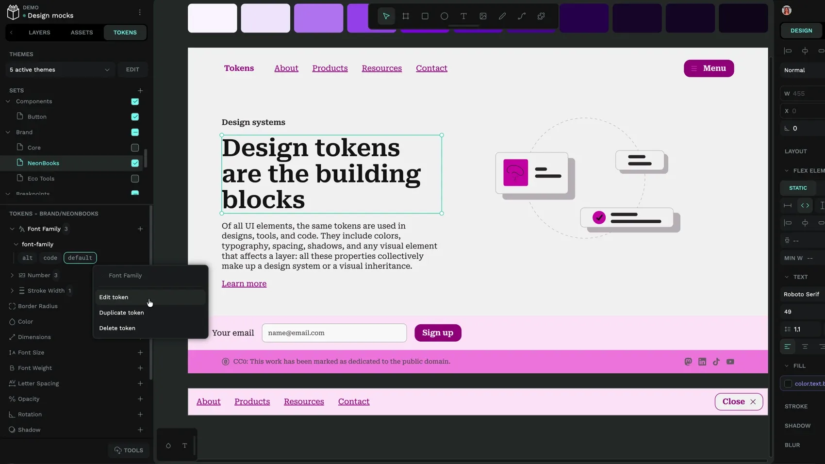 Right-click a font family type design token to see the option to edit token.
