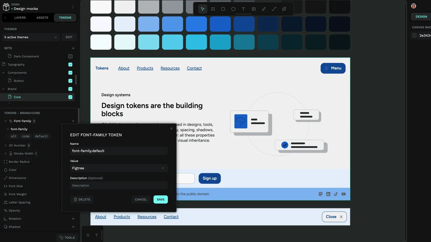 Editing a default font family design token with the value of the Figtree font.