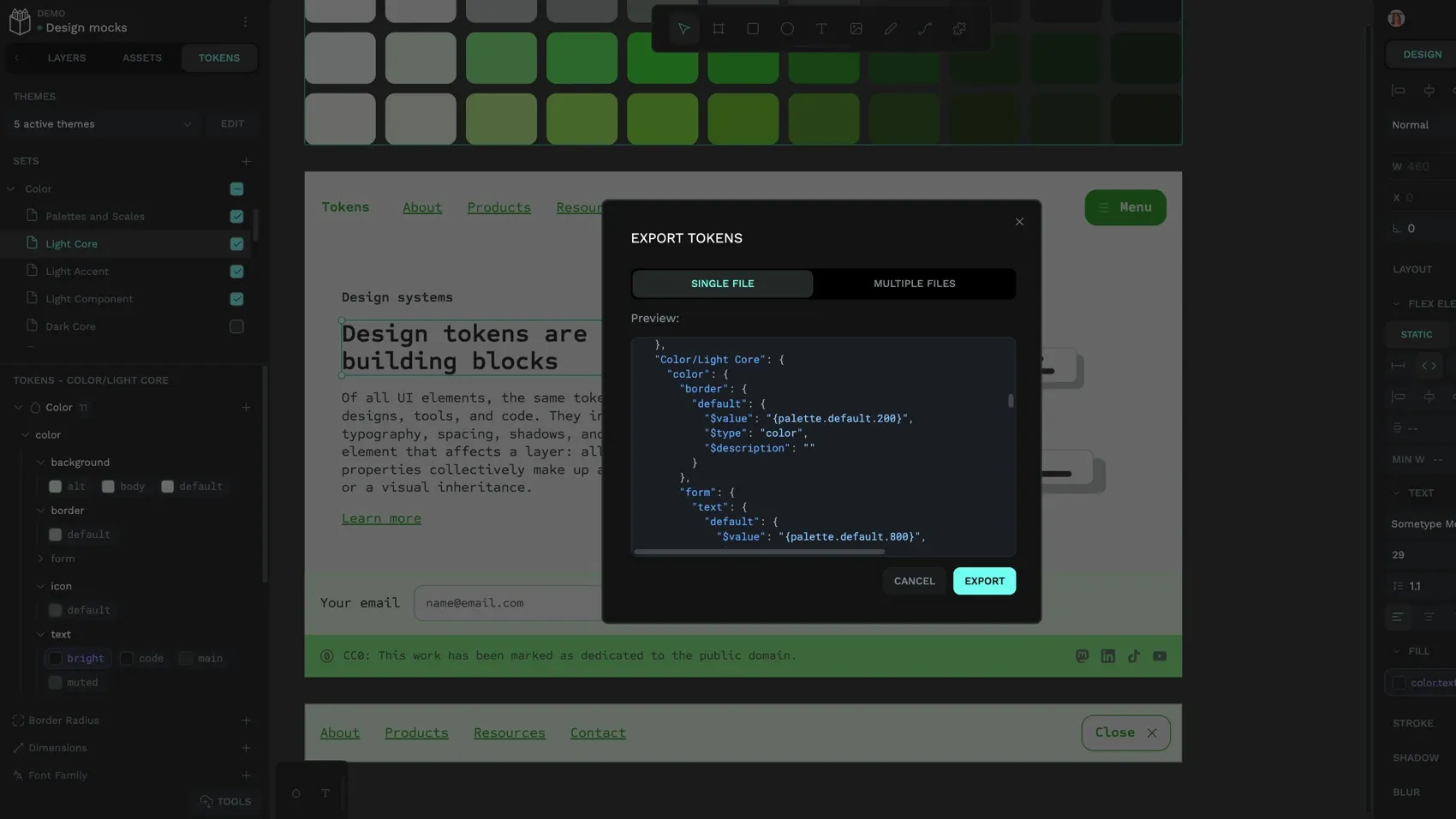 The JSON code for design tokens including a default border color for the light core color set.
