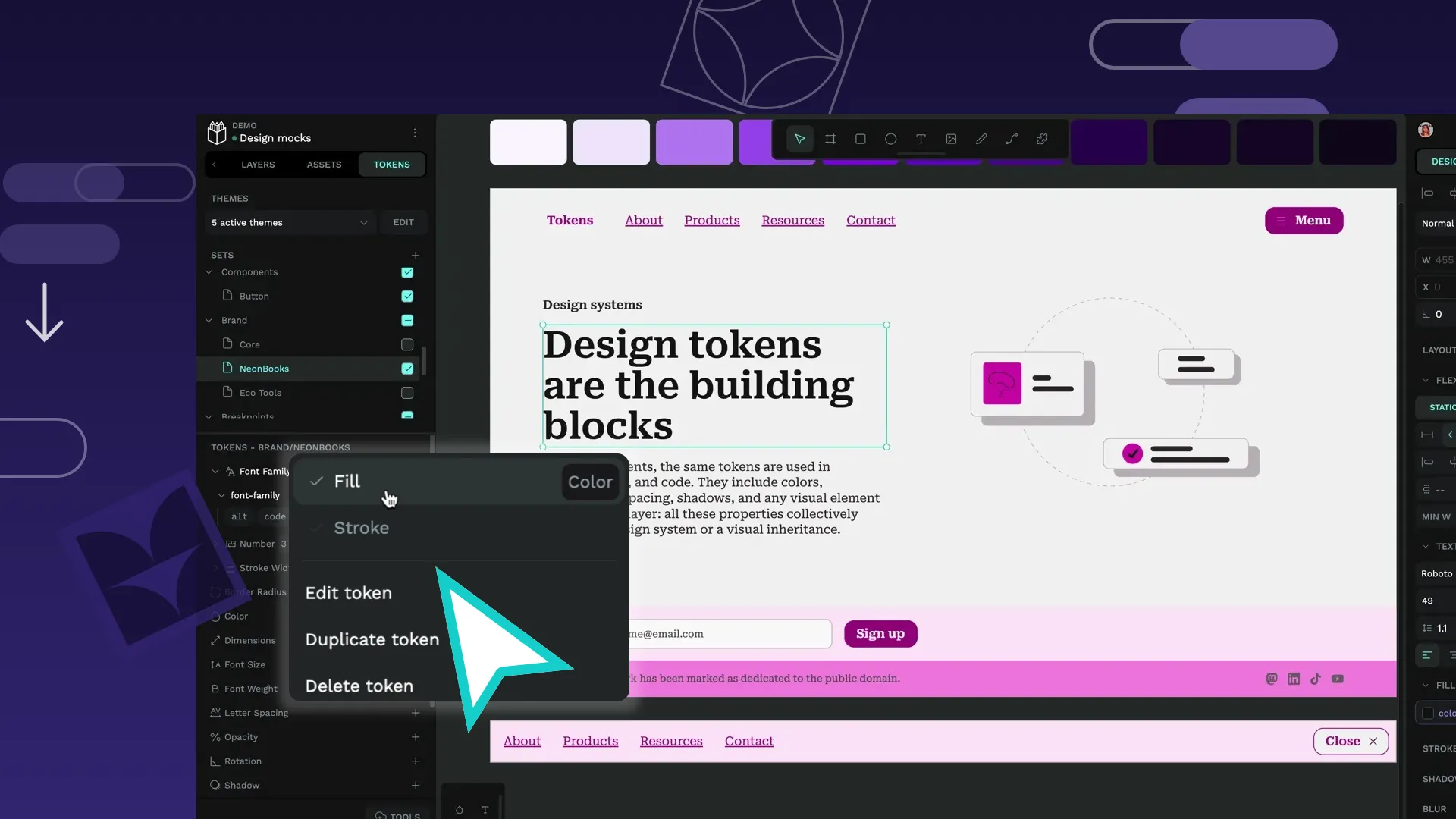 Illustration of Penpot's industry-leading design tokens panel showing the design tokens panel on the app. 