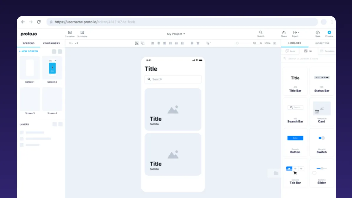 The image shows the standard Proto.io Ui with a basic app wireframe