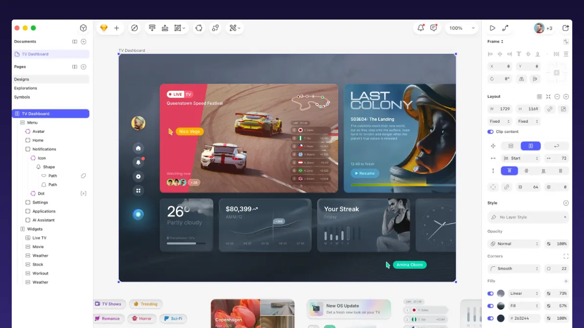 The image shows the standard Sketch Ui with a dashboard app screen