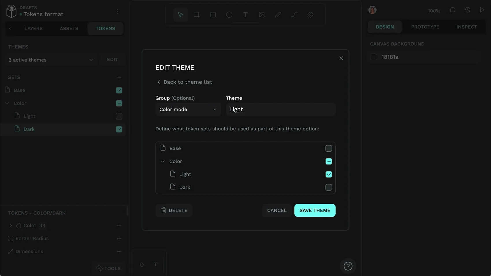 A color mode group containing a Light theme. In the checklist of token sets for the Light Theme, the Light token set is checked.