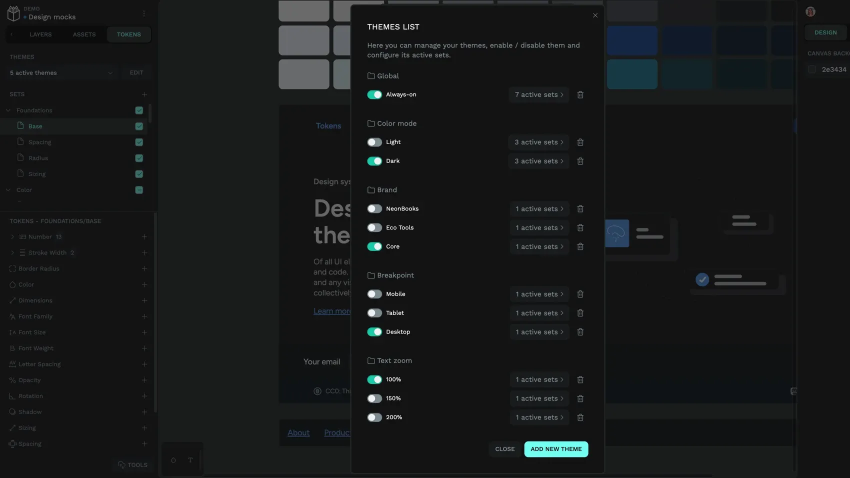 The Themes list has groups for themes which are equivalent to modes. Inside each mode, themes like light and dark are toggled on or off. Themes are made up of enabled and disabled token sets.