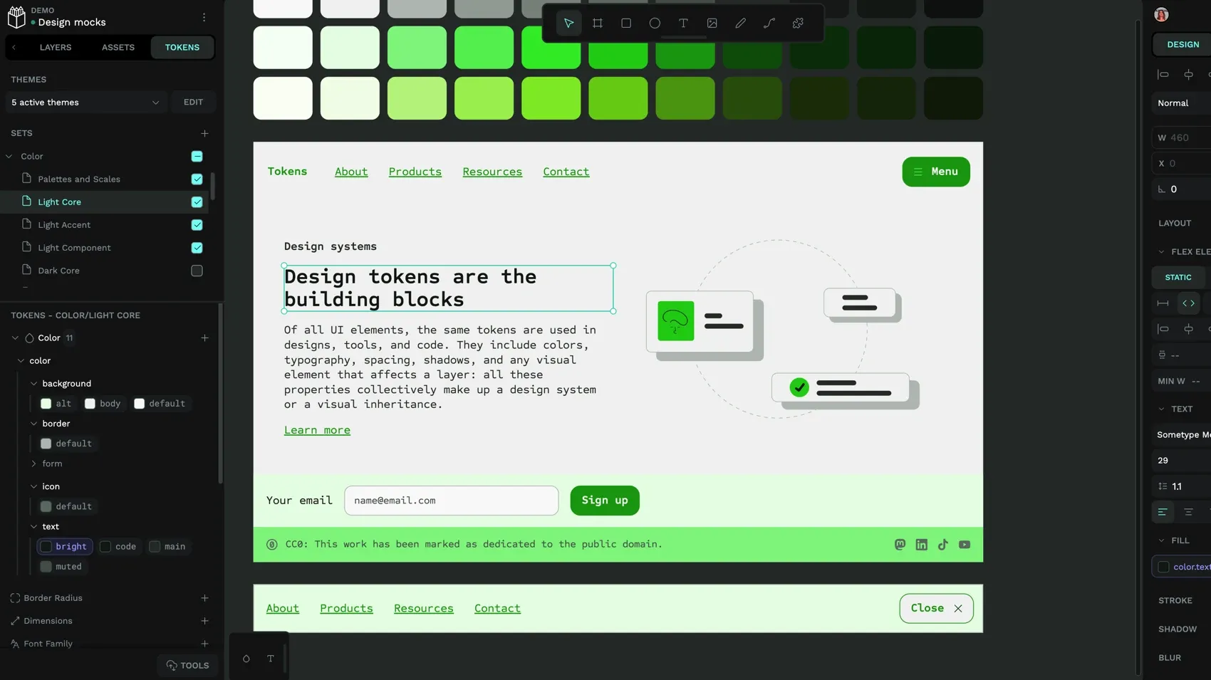 The bright code main and muted tokens are inside the text token group which is inside the color token group.