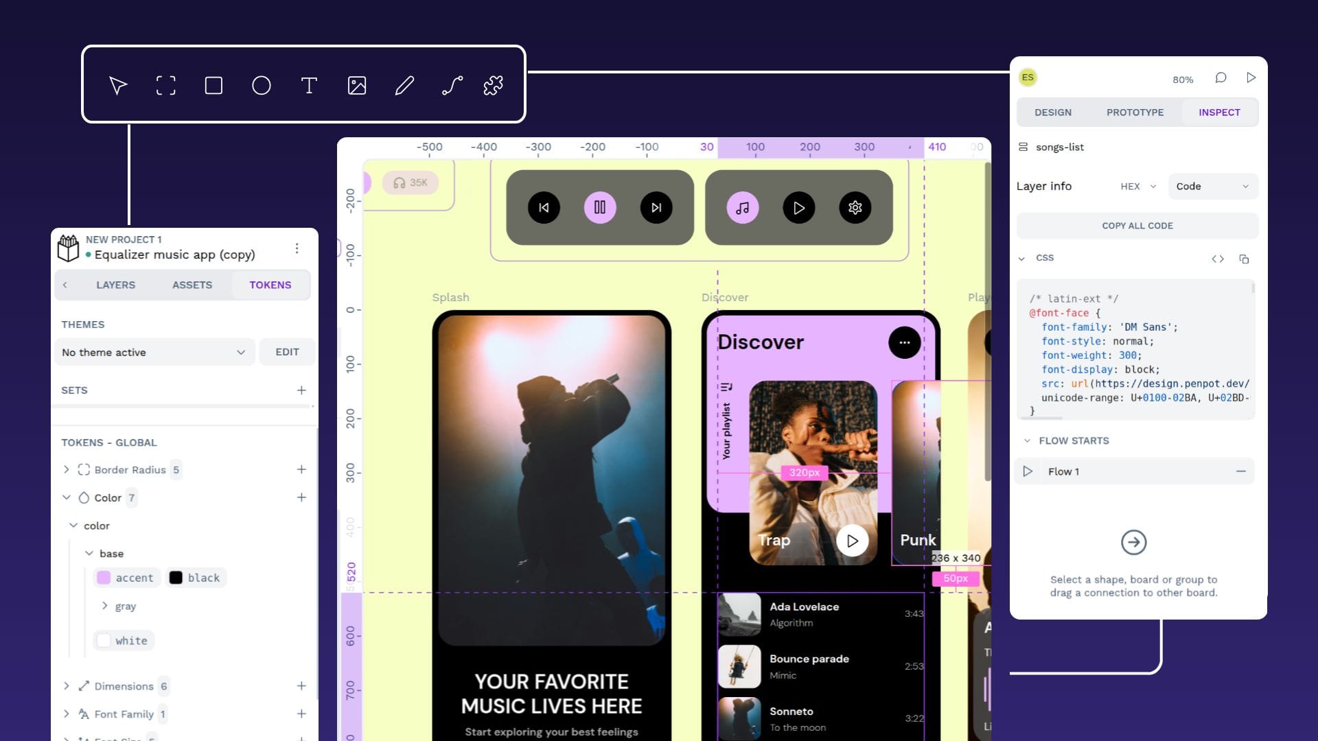 The image shows a screen of Penpot Ui basics with tokens, variants and an app design