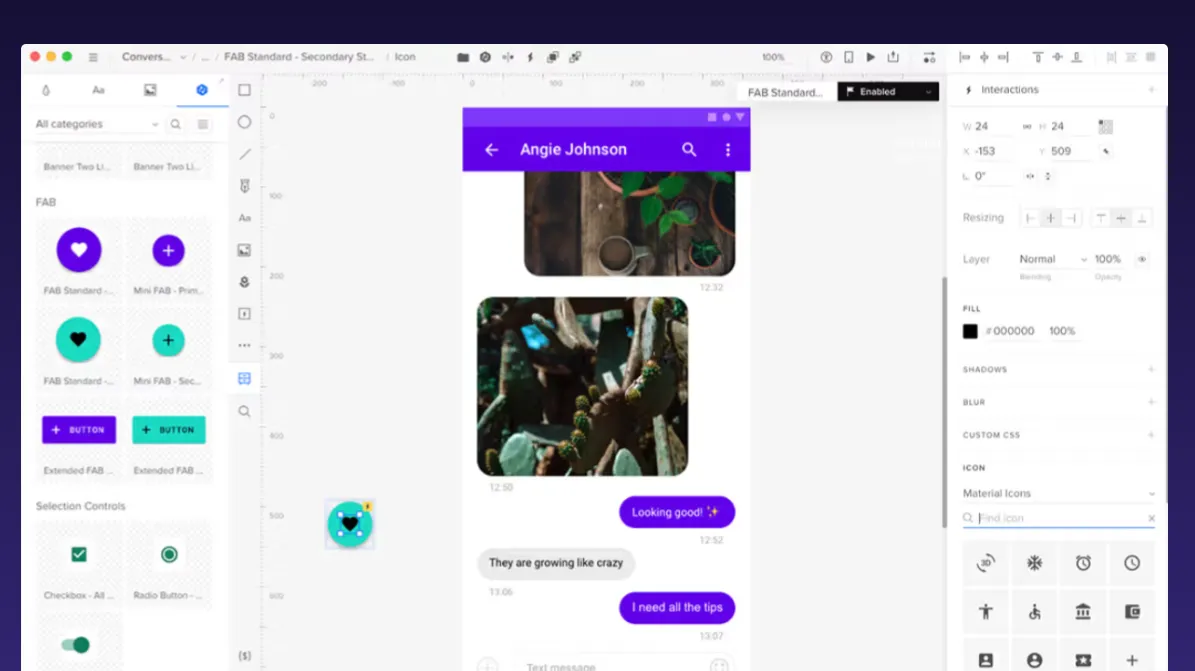 The image shows the standard Uxpin Ui with a messaging app screen