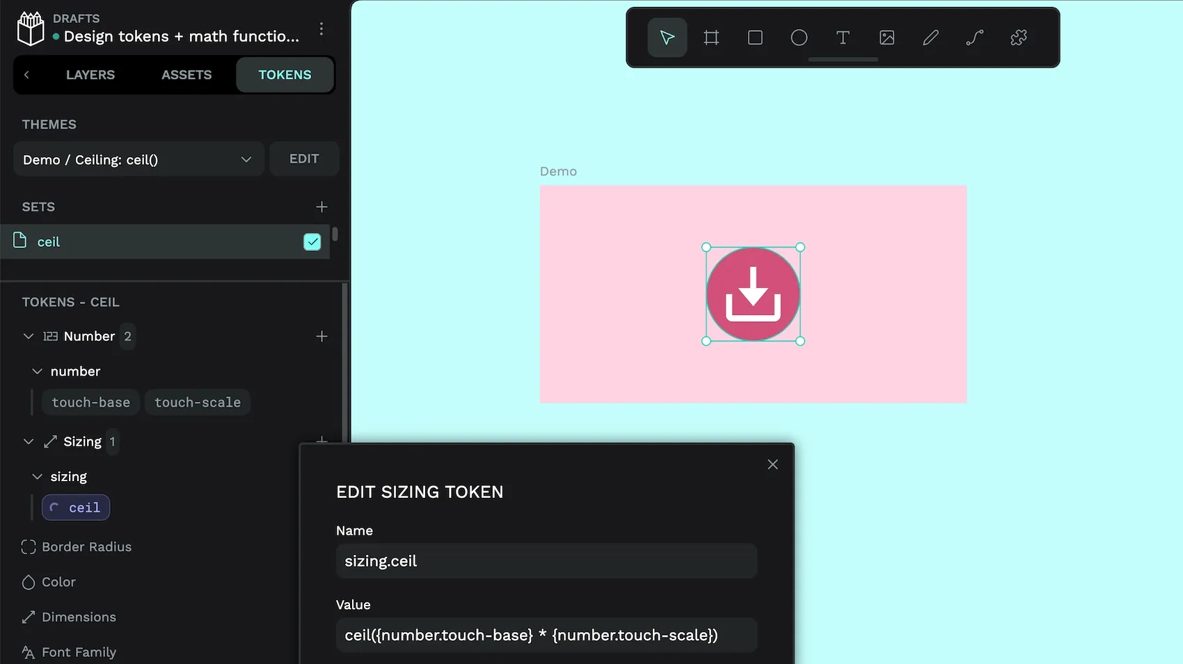 The sizing-dot-ceil token applied to an icon button in Penpot.