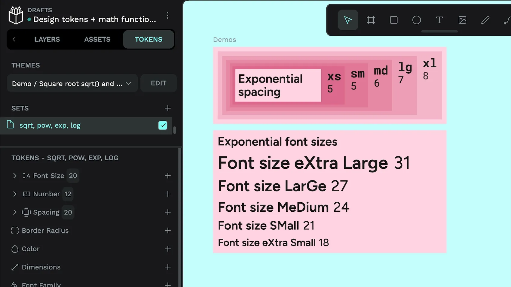 The exponential font sizes and spacing shows a minimal difference between steps on lower sizes (xs and sm are the same for spacing) but more dramatic for larger steps.