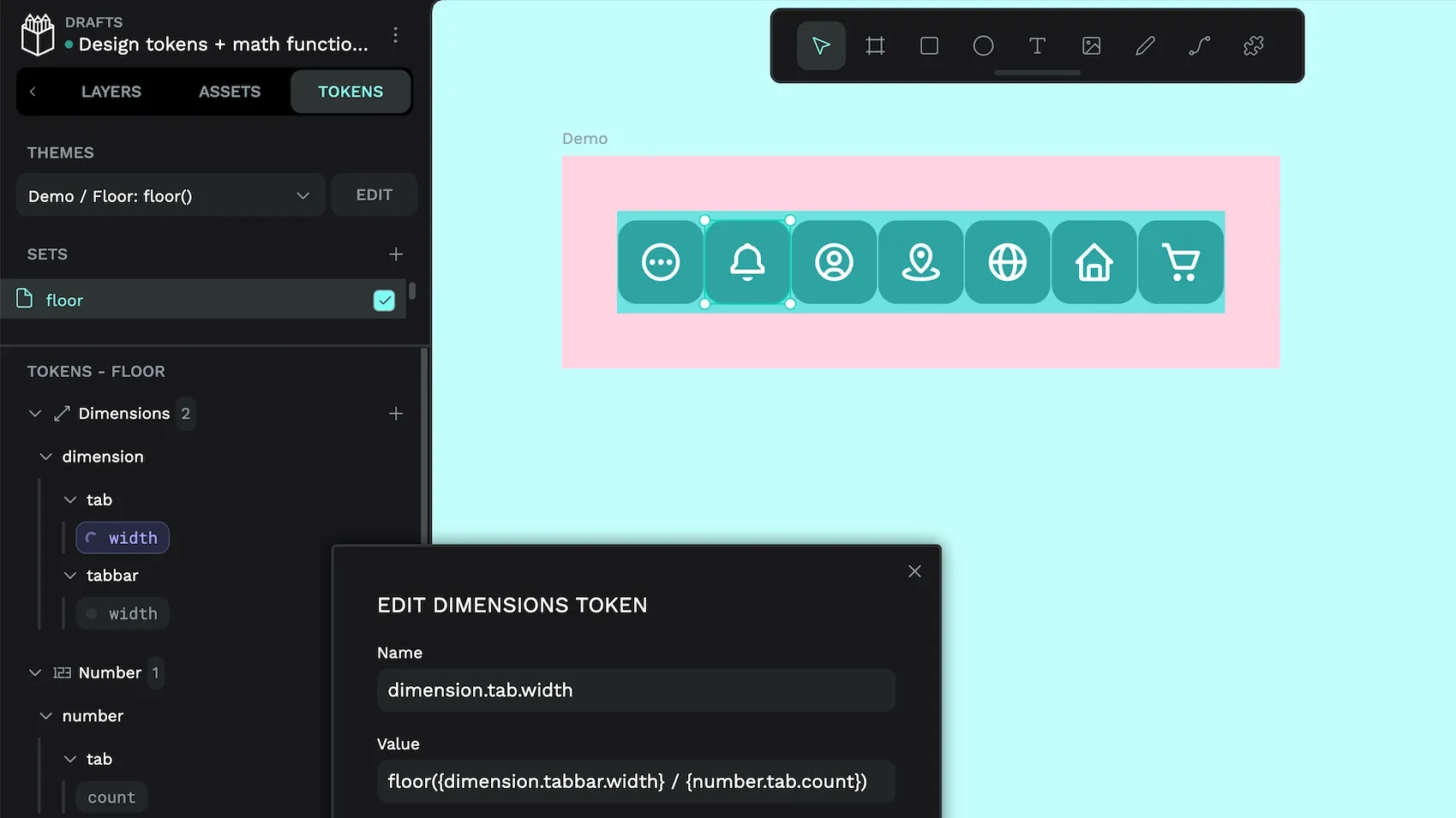 The dimension-dot-tab-dot-width token applied to the tabs in a tab bar.