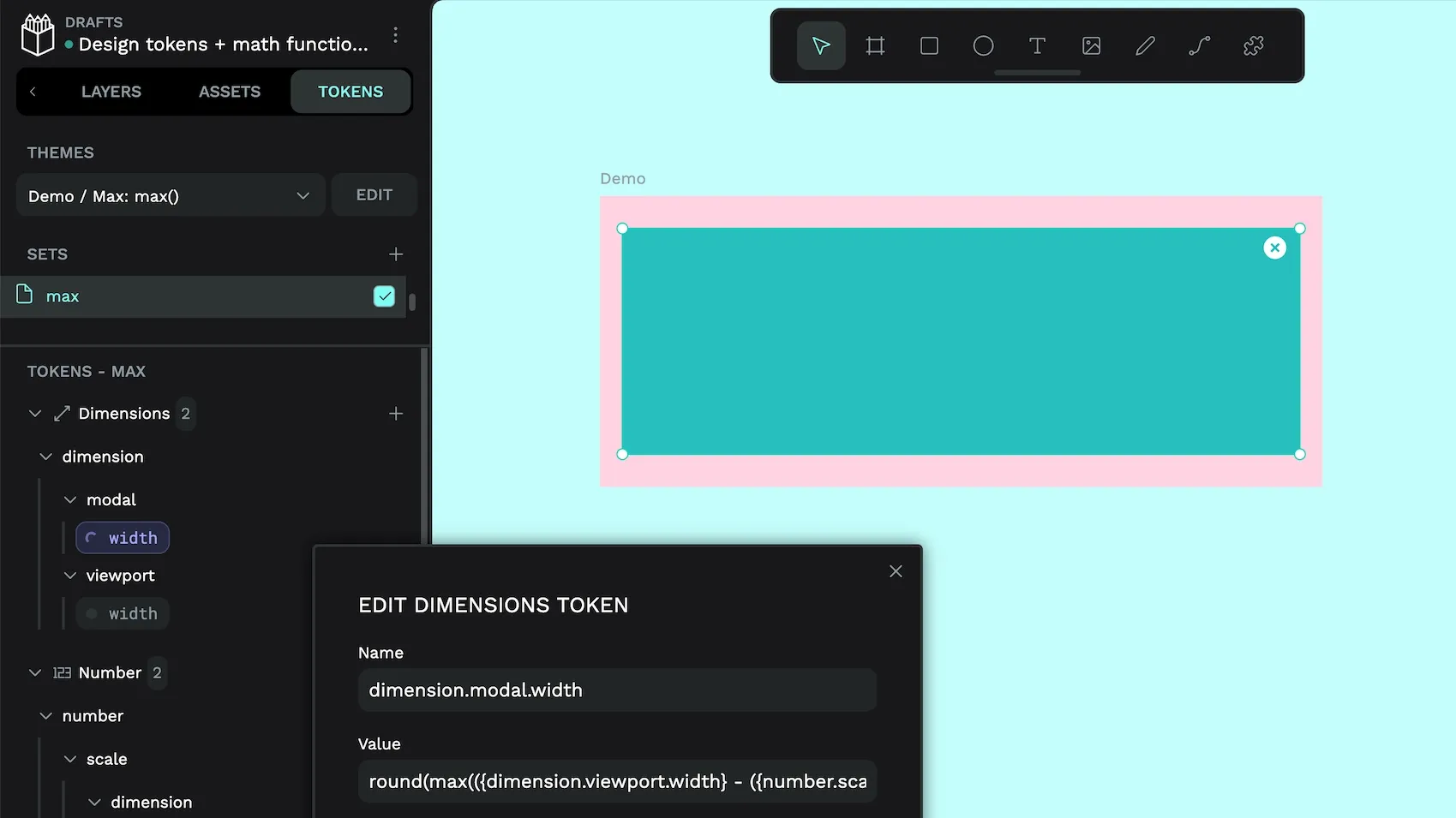 The dimension-dot-modal-dot-width token applied to the modal box width.