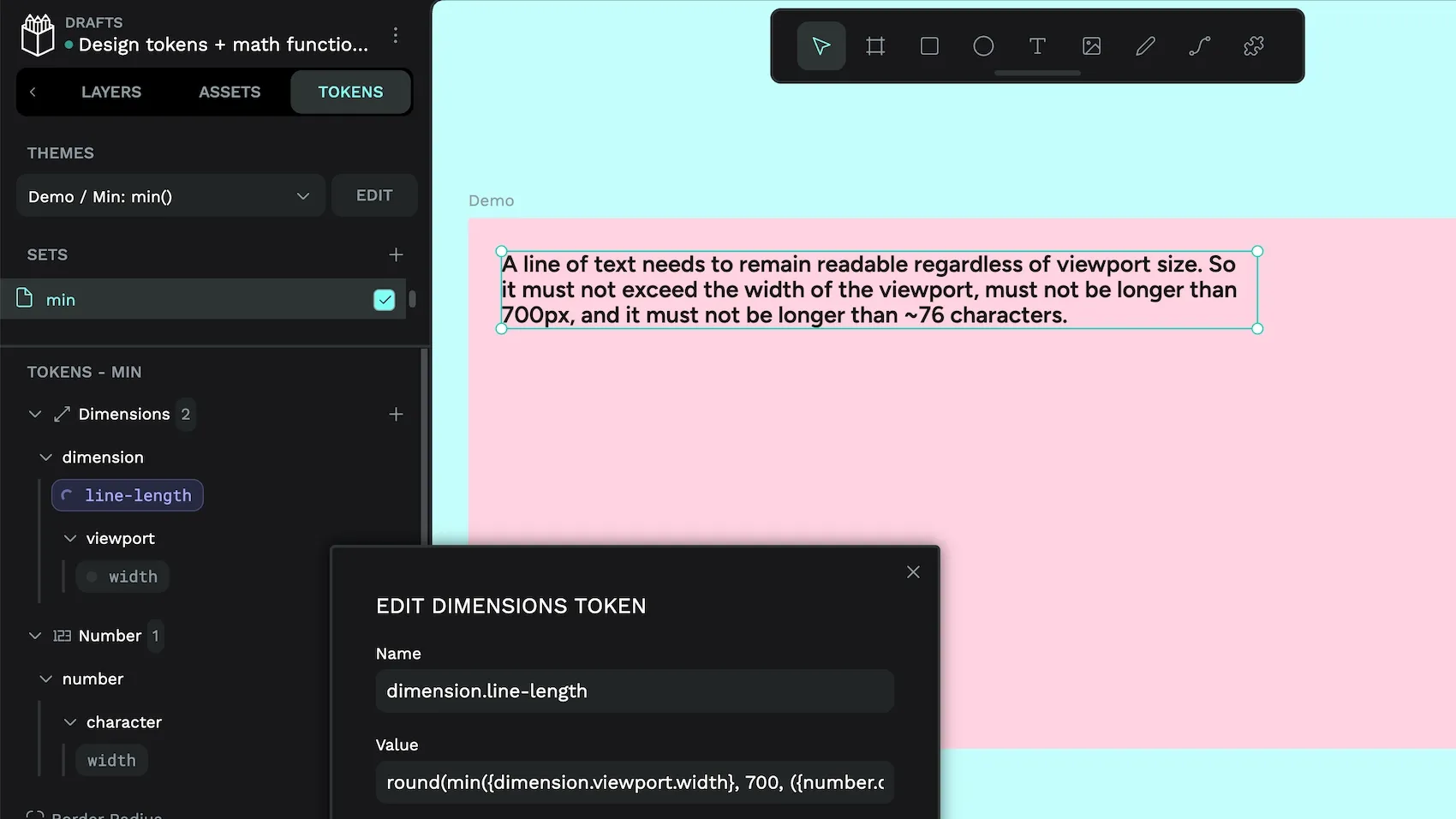 The dimension-dot-line-length token constraining the width of a paragraph of text.