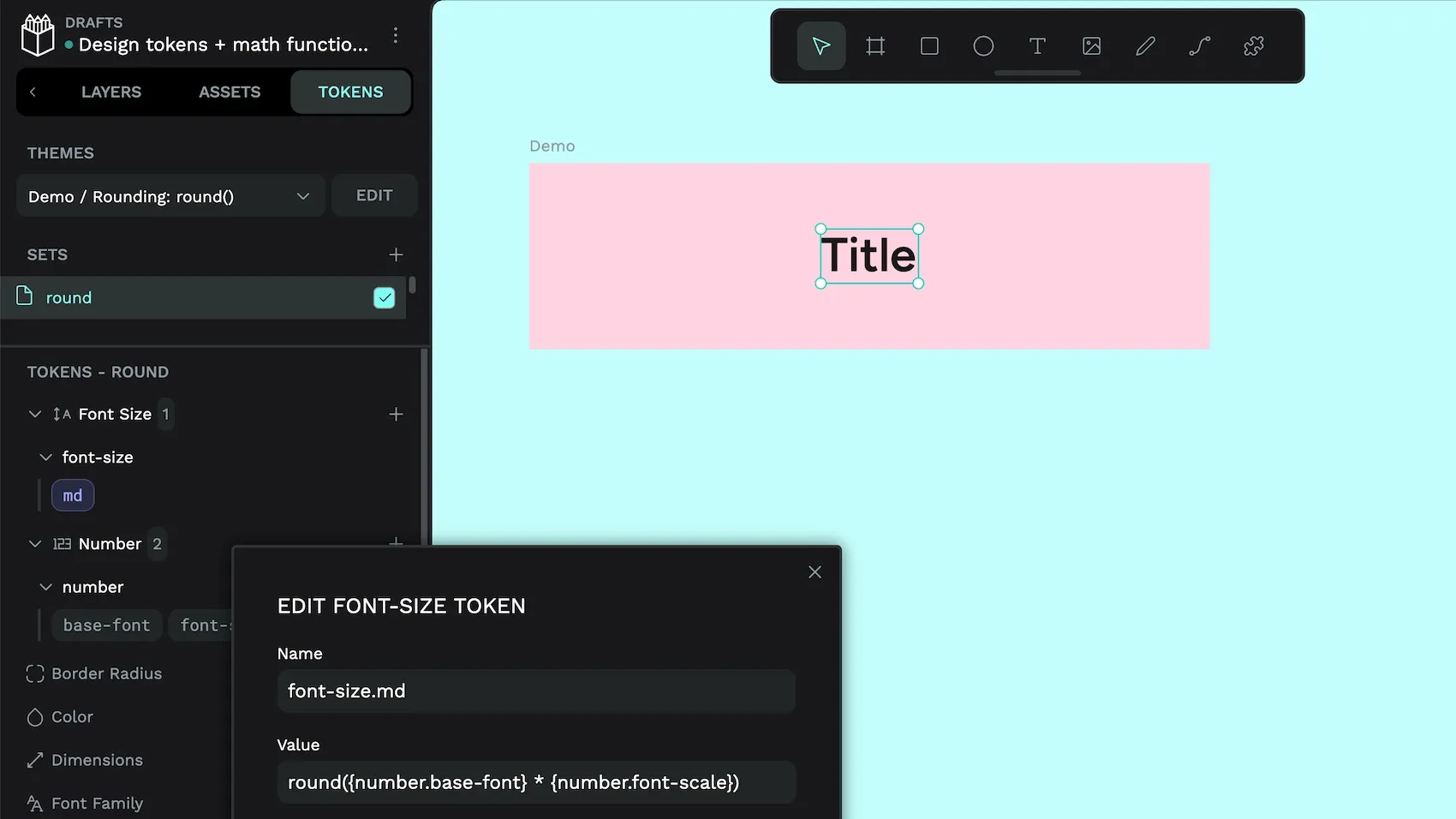 The font-size-dot-MD token applied to a Title in Penpot.