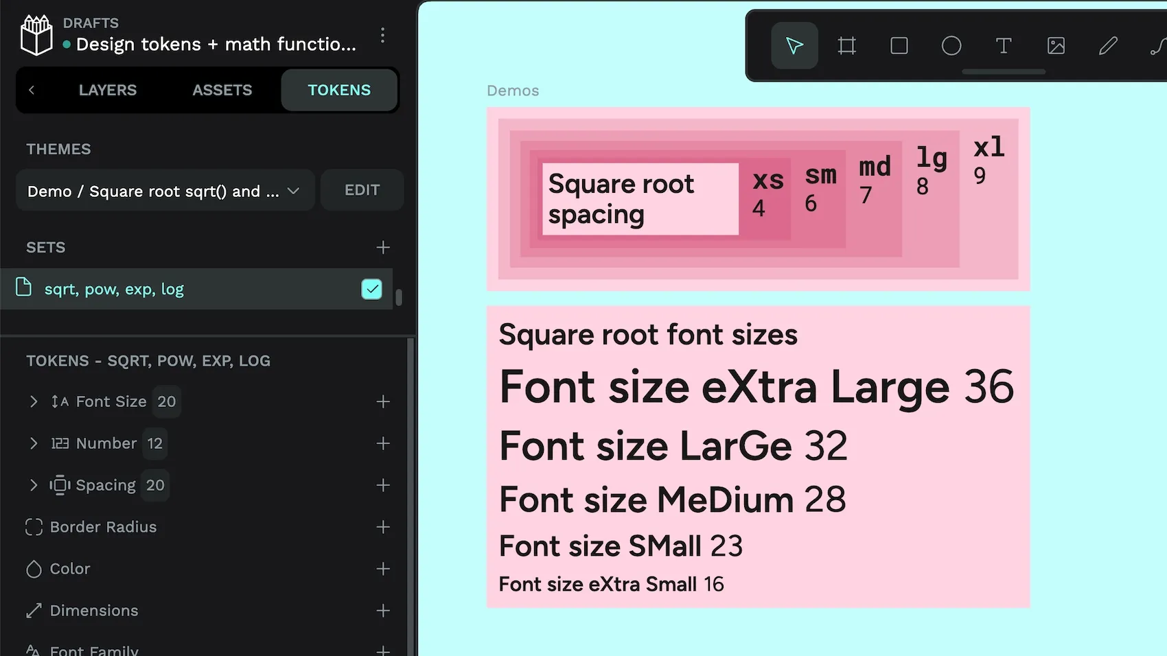 The square root font sizes and spacing shows bigger jumps between smaller sizes, and more subtle jumps at greater sizes.
