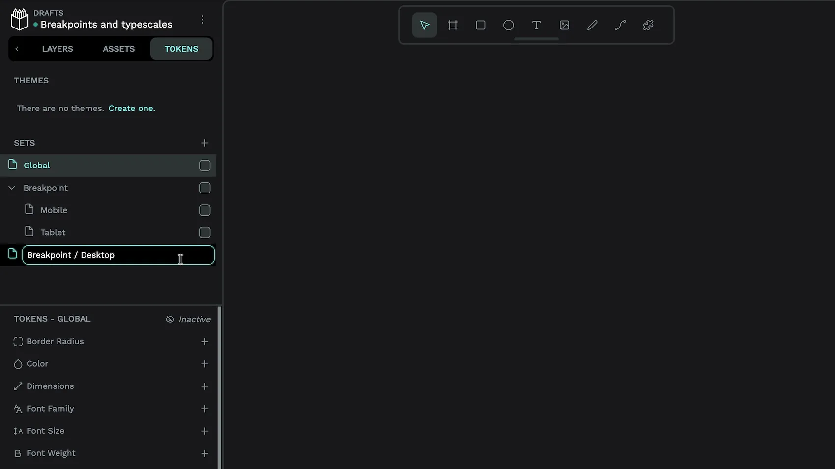 Creating a token set under the Tokens tab. In the Input field under Sets is Breakpoint-slash-Desktop.