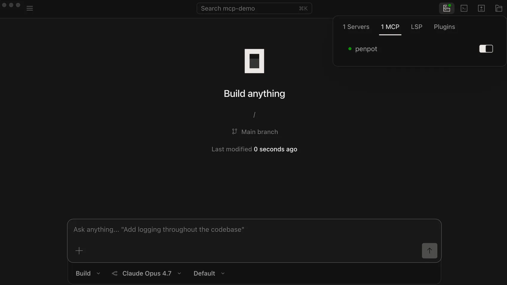 The status panel in OpenCode shows one MCP, Penpot, with a green status icon.