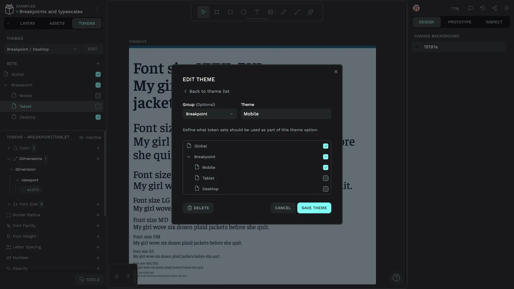 The mobile theme has the Global and Mobile sets enabled, and the Tablet and Desktop sets disabled.