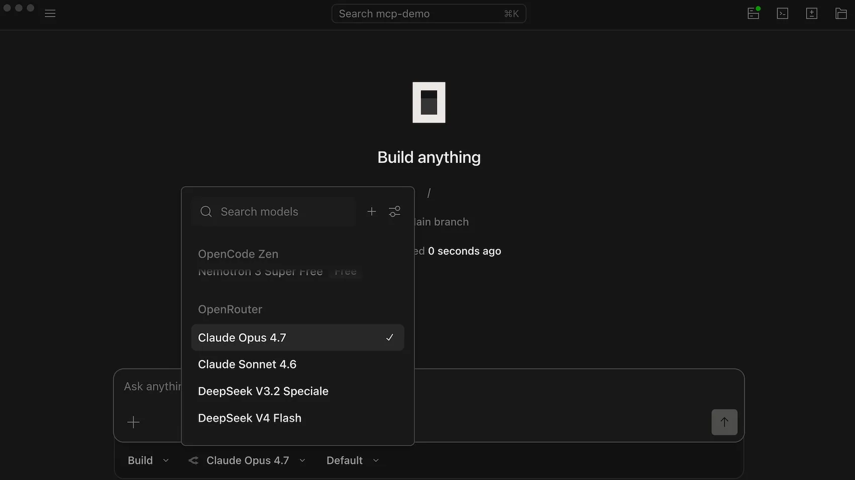 The second dropdown menu in the OpenCode chat box provides model options. The Open Router section contains Claude Opus 4.7, ClaudeSonnet 4.6, Deep Seek V3.2, Speciale, and more.