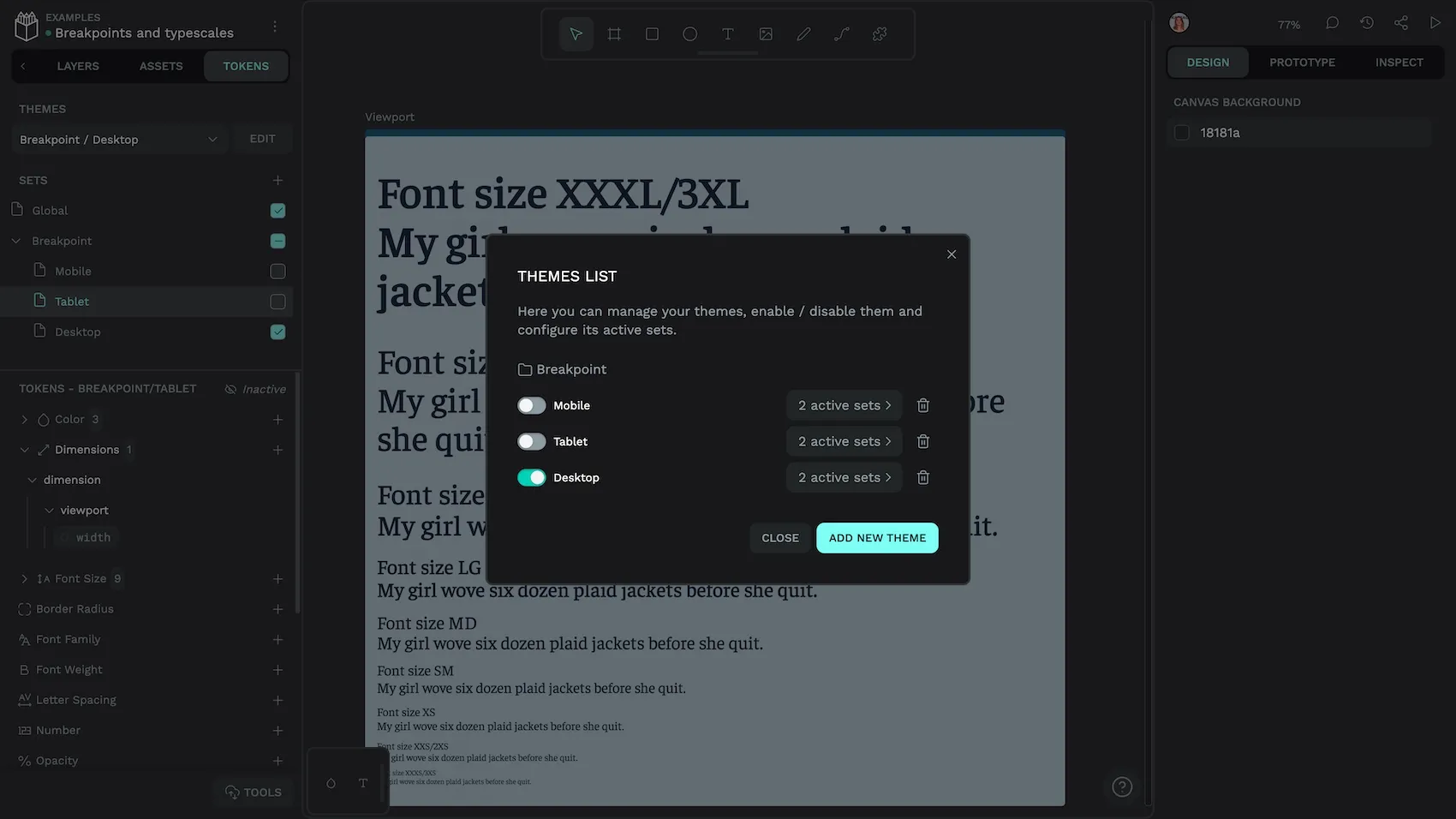 The themes list has a Breakpoint group with Mobile, Tablet, and Desktop themes, each containing two active sets.