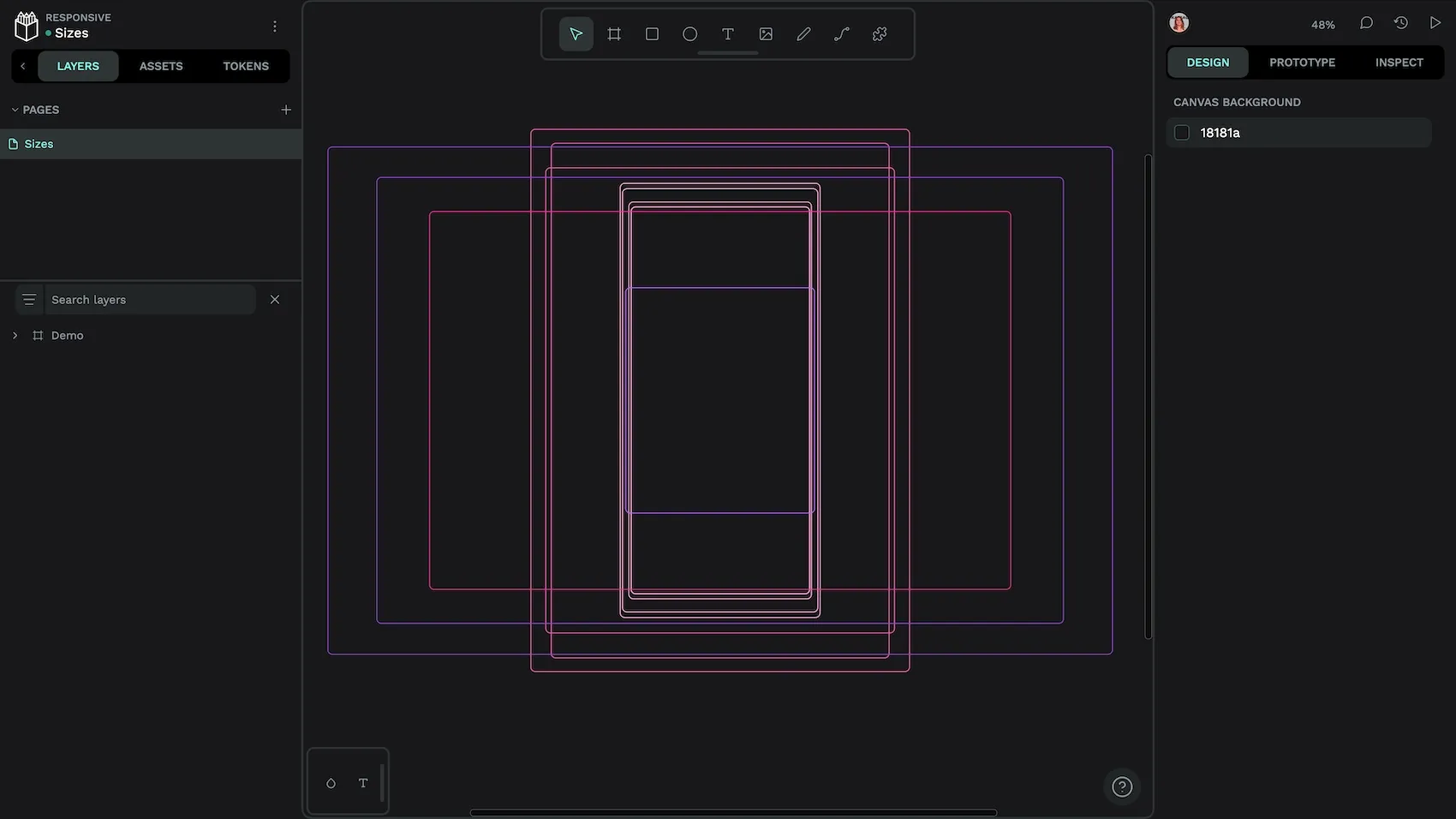 Colored rectangle outlines for different viewport sizes, showing many different widths and heights overlaid on top of each other.
